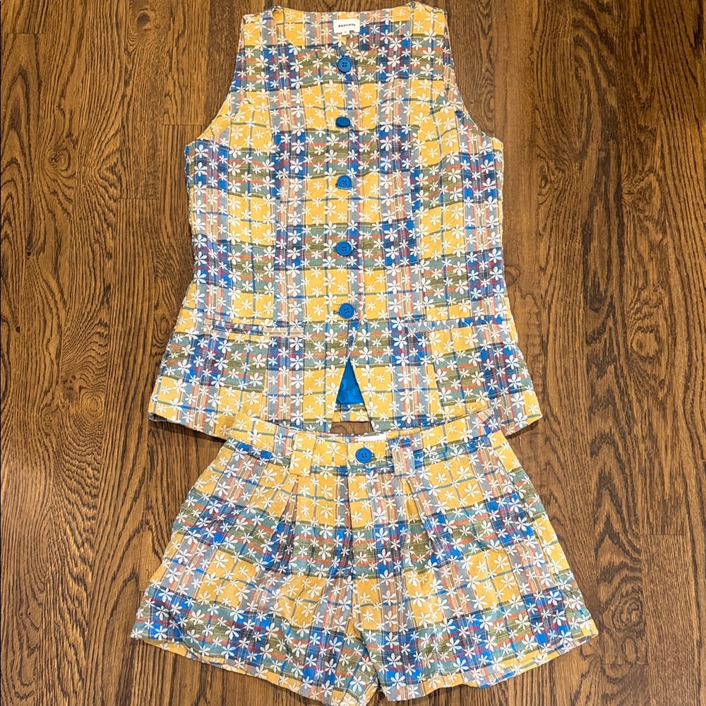 AUREUM Yellow, Blue & Green Floral Plaid Two-Piece Set